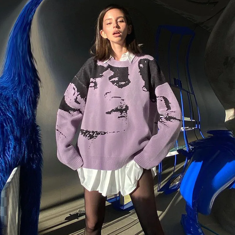 

Women Harajuku sweater autumn casual crew neck print full sleeve purple sweater loose oversized jumpers knitted pullover tops