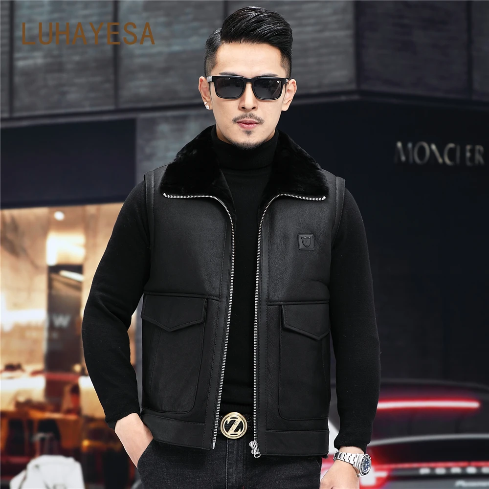 

LUHAYESA Guaranteed Real Fur Shearling Vest Black Slim Winter Casual Fur Coats Vests Genuine Leather Sheepskin Fur Ves Clothing