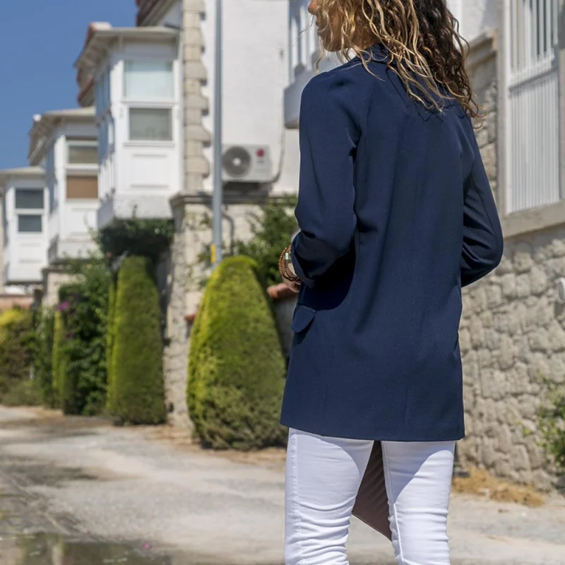 

Elegant New Style Casual Classical Fashion Design Woman Splicing Slim Solid Color Pocket Long Sleeve Small Blazer Blue XL