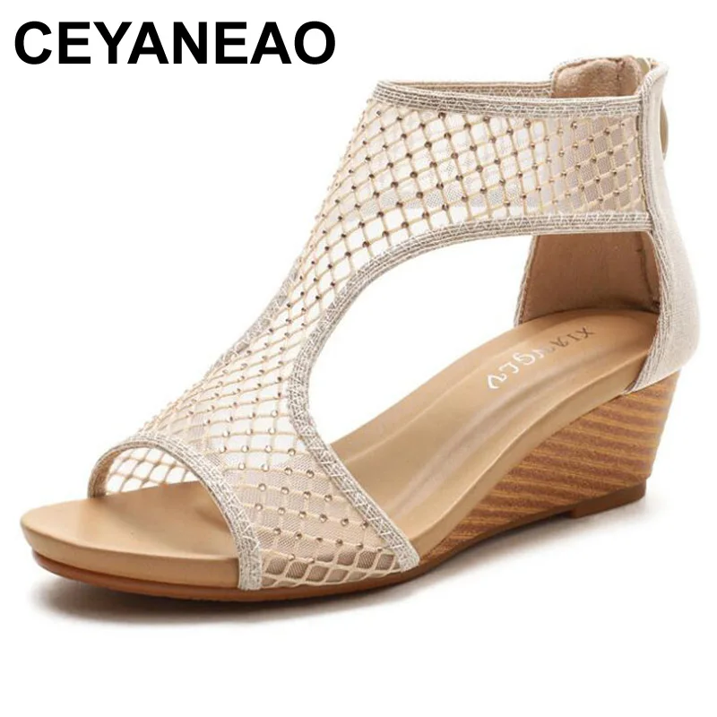 

CEYANEAO Women Sandals New 2021 Open Toe 5cm Wedge Heels Zip Mesh Sexy Stylish Soft Comfort Breathable Big Size 36-42