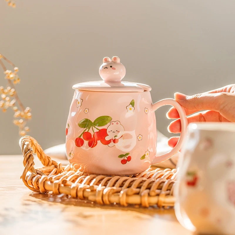 

Cartoon Ceramic Cup with Lid Lovely Strawberry Cup Student Children's Water Cup Creative Gift Mug Coffee Cup