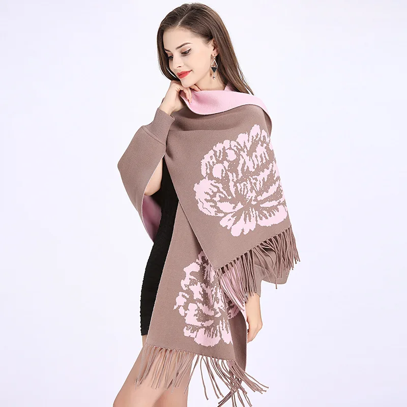 

Hot Sale Women Printed tassel knit Shawl Natural Real Knitted Knitted cardigan shawl cloak Poncho Scarf Autumn Winter Pashmina