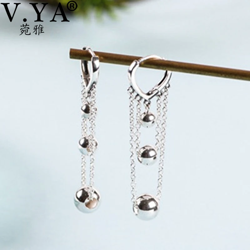 

V.YA 925 Sterling Silver Vintage Silver Bead Tassel Peach Heart Earrings Long Tassel Earrings Female Literary Cross Fine Jewelry