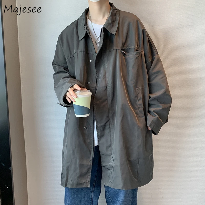 

Men Zip-up Long Trench Spring Korean Handsome Vintage Student Loose Turn Down Collar Overcoats Harajuku BF Casual Tooling Coats