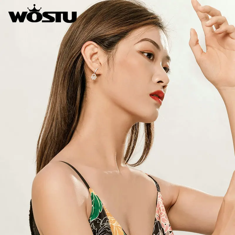 WOSTU Fashion 925 Sterling Silver Paw Dog Pets Footprint Drop Earrings For Women Pink Zircon Wedding Jewelry DXE771 | Украшения и
