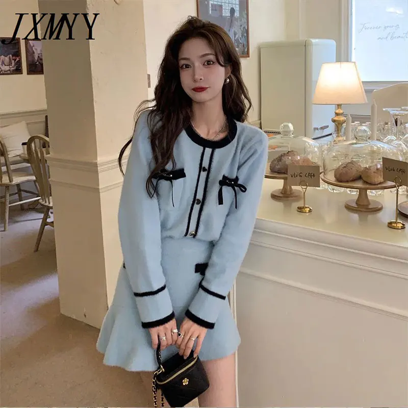 

JXMYY французский Маленький очаровательный вязаный костюм с бантом, женский осенне-зимний красный свитер, костюм-двойка