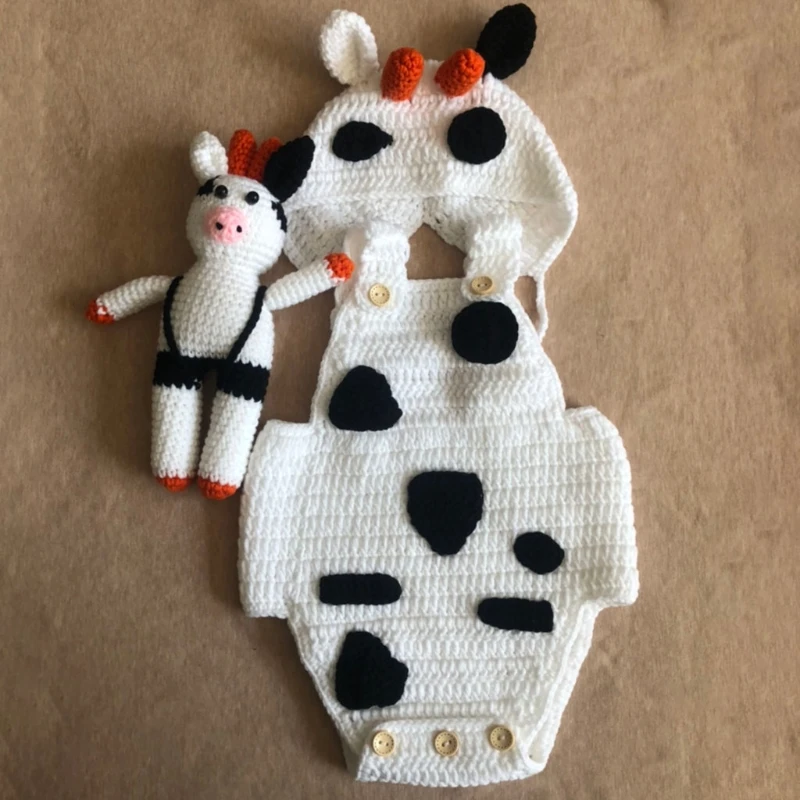

3Pcs/Set Newborn Infant Cow Animal Photography Props Suit Knitted Buttons Bodysuit Rompers with Beanie Hat Doll Outfits