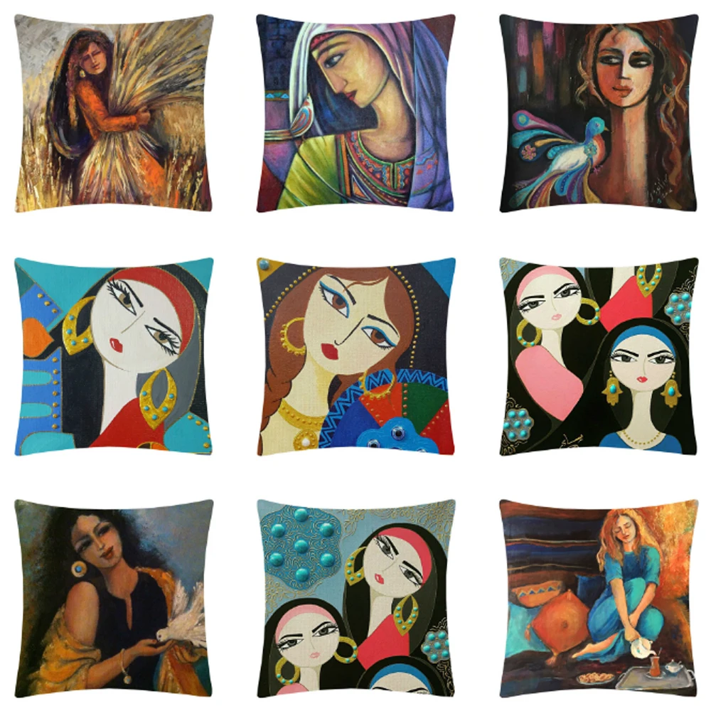 Масло Paiting Средний Восток женщина Подушка с портретном покрытии хлопок лен