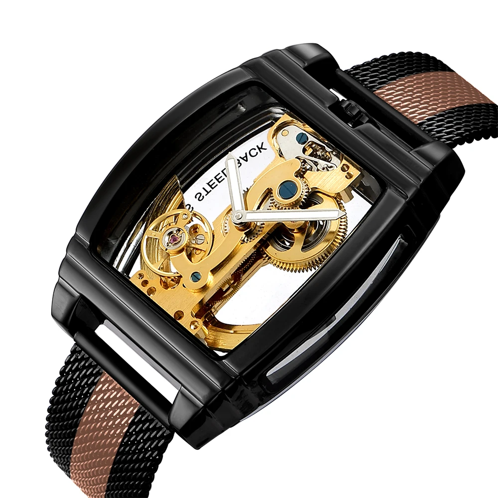 Automatic Mechanical Wrist Watch Men Tourbillon Watches Transparent Steampunk Skeleton Luxury Stainless Steel Self Winding Clock