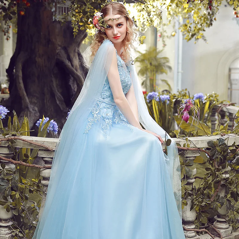 Распродажа, Vestidos, милое кружевное вечернее платье, для невесты, банкета, элегантное, с аппликацией, с бисером, без рукавов, длинные, вечерние, торжественные платья - Цвет: Небесно-голубой