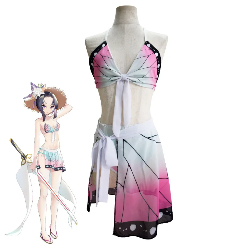Demon Slayer Cosplay Swimsuit Kimetsu no Yaiba Kamado Tanjirou Two Piece V Neck Bathing Suit with Sheer Kimono Cardigan |