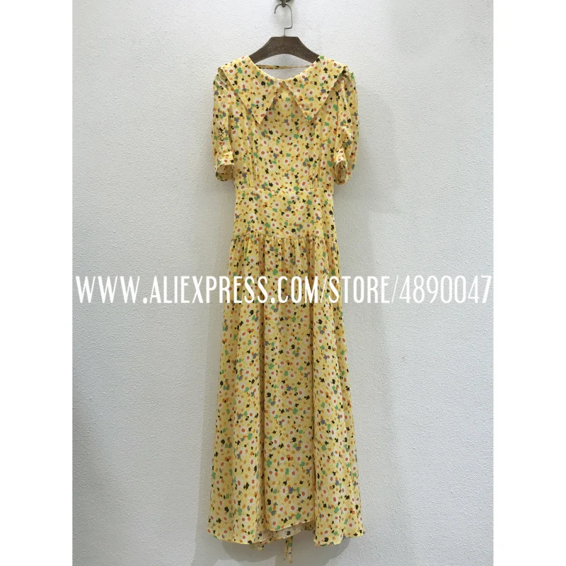 

Yellow open back silk floral dress 2021 summer new high-quality women's sweet girl holiday daisy split dress