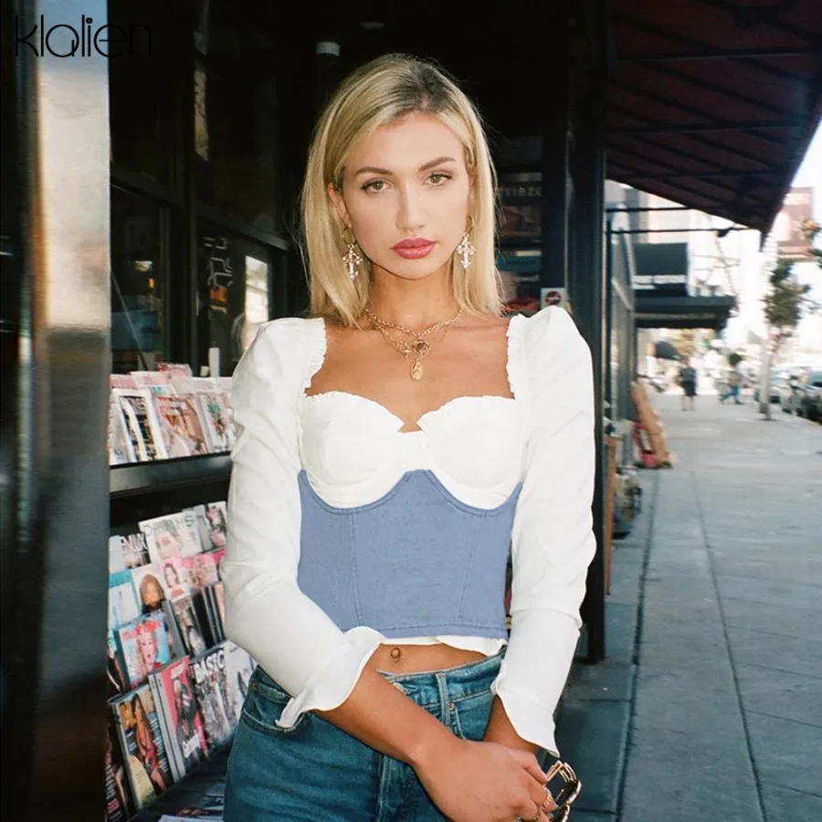 KLALIEN Harajuku Ruffle white elegant crop tops women Patchwork 2 pieces 2020 autumn spring street casual office shirts mujer | Женская