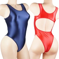 sexy glossy shiny women one piece sports swimsuit swimwear japan bathing suits button open crotch bodysuit beach wear backless
