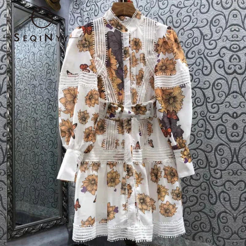 

Женское повседневное мини-платье SEQINYY, подиумное кружевное платье с рукавами-фонариками и оборками в богемном стиле, весна-осень