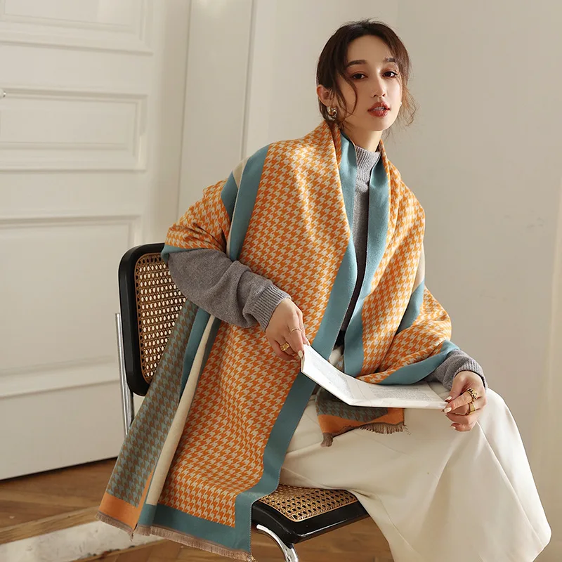 

Luxury Brand Winter Striped Houndstooth Cashmere Scarf Warm Pashmina Blanket Scarves Women Shawl Female Foulard Ponchos Hijab
