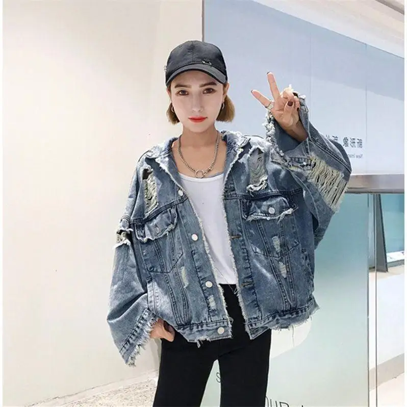 

College Spring and Autumn Korean Version BF Harajuku Style Beggar Hole Denim Coat Female Students Loose Thin Versatile Jacket