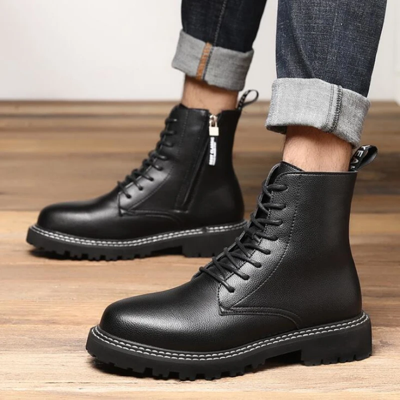 Мужские зимние ботинки повышенной высоты теплые кожаные водонепроницаемые