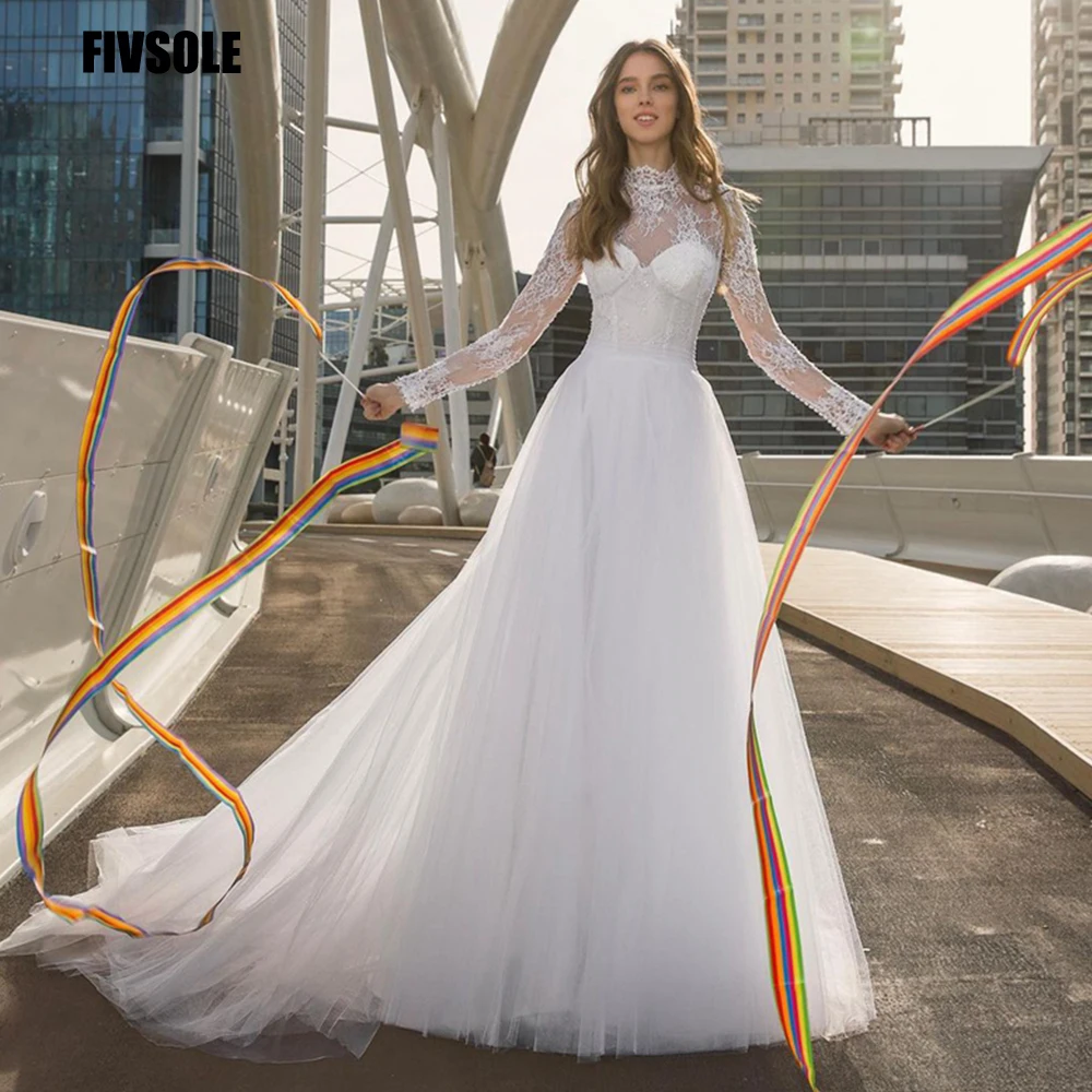 

Fivsole High Neck Wedding Dress Long Sleeves Vestido Feminino White Luxury Lace Sequins A Line Bridal Gown Vestido De Noiva