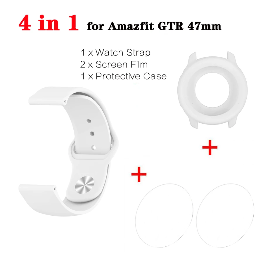 Белый 4 в 1 для Amazfit GTR ремешок браслет+ чехол для часов бампер+ Закаленное стекло протектор экрана для Huami Amazfit GTR 47 мм - Цвет: Белый
