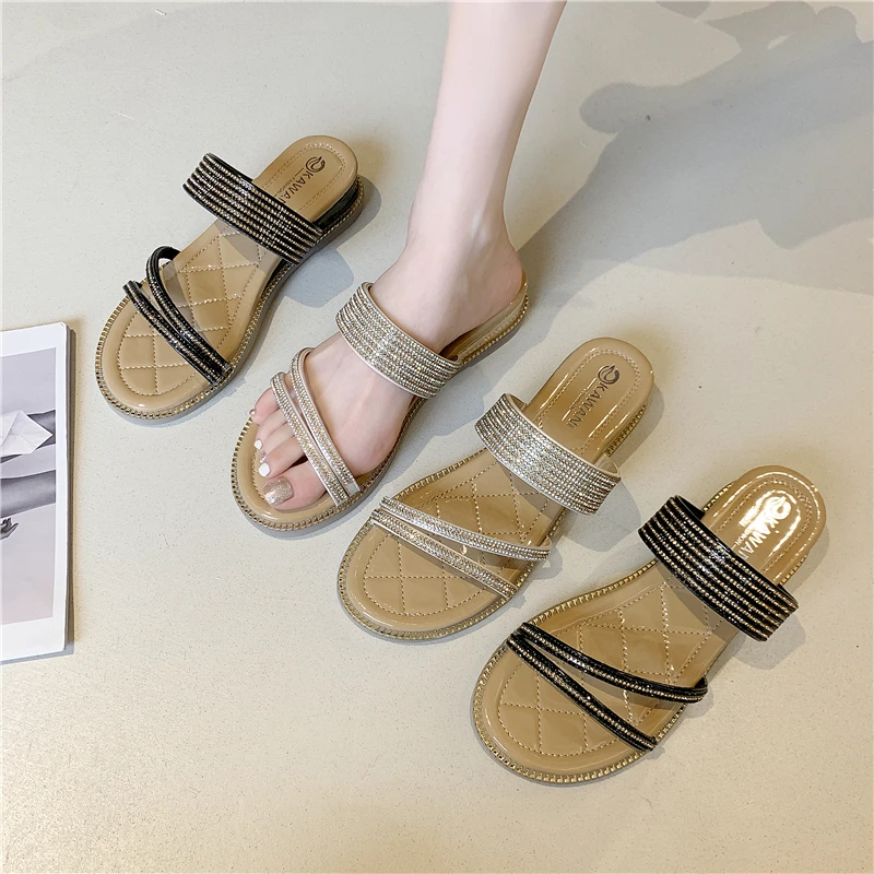 

2021 Sandals Slip-on Loafers Summer Women's Beach Shoes Open Toe Suit Female Beige Strappy Heels Clogs Wedge New Elastic Band G