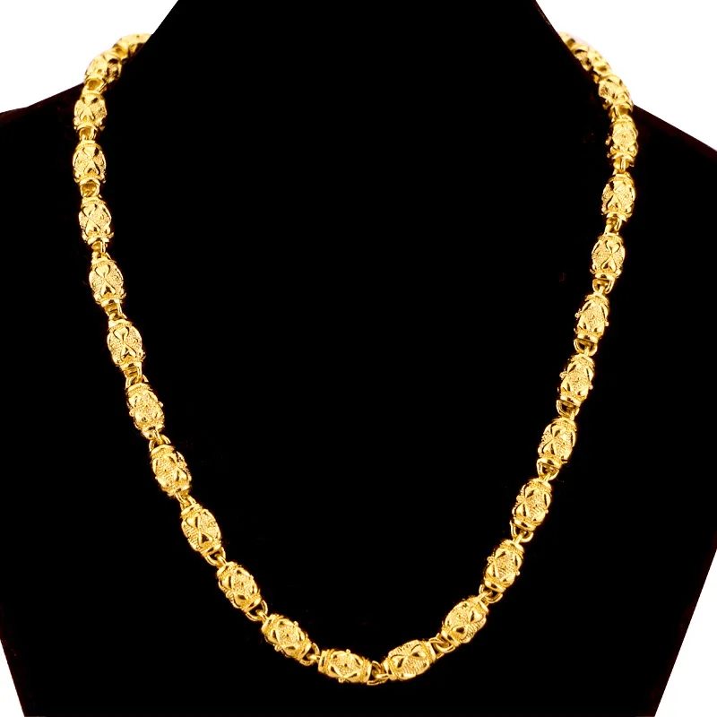 

7MM Solid Oval Beads Necklace 18K Gold Domineering Mens Chain Necklace Cool Jewelry Gift