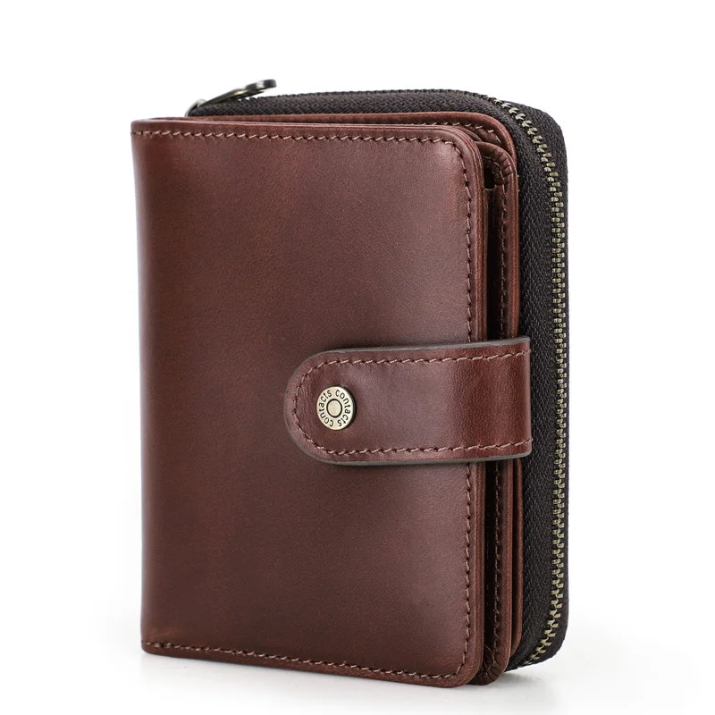 New Design RFID anti-theft brush head genuine leather men's designer wallet three fold zipper buckle zero purse holographic