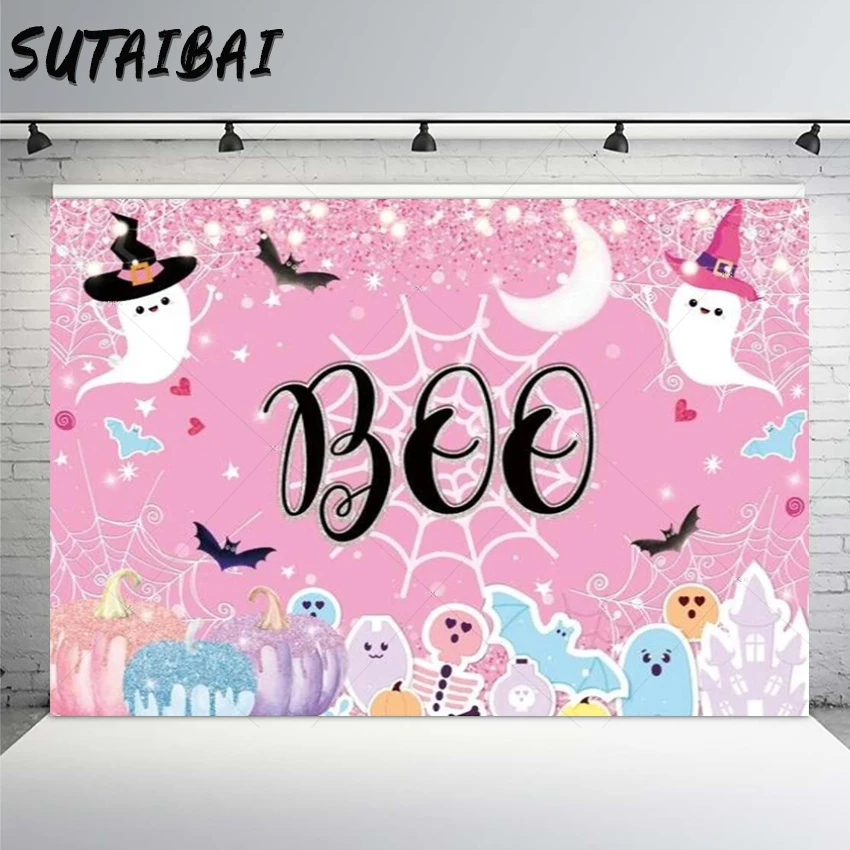 

Boo Baby Shower Birthday Halloween Party Background Pumpkin Cartoon Ghosts Bats Spider Web Pink Glitter Photography Backdrop