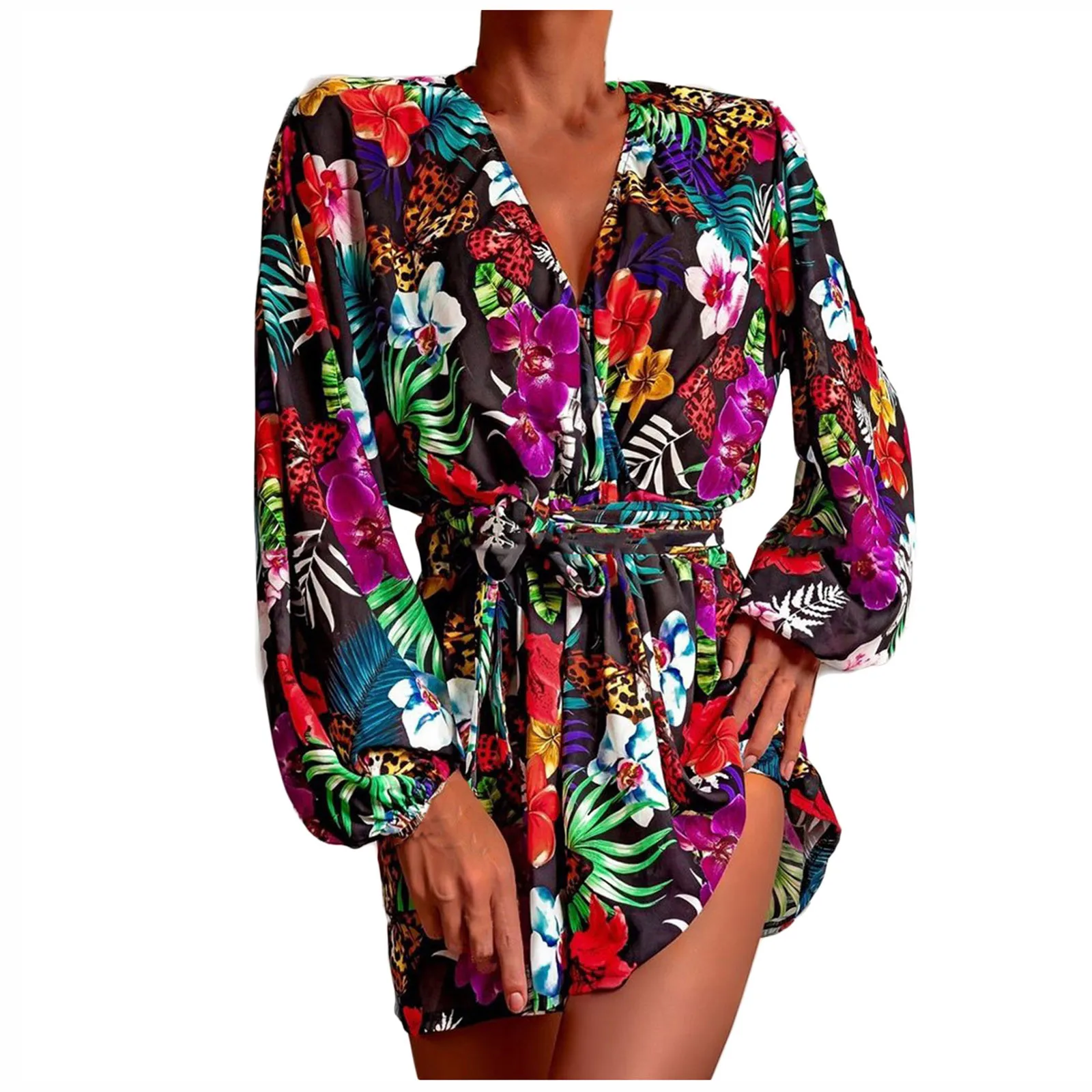 

Womens Sexy Dress Casual V-neck Bandage Long Sleeve Floral Print Ruffle Mini Dresses Women Dresses 2021 Платья Для Женщин