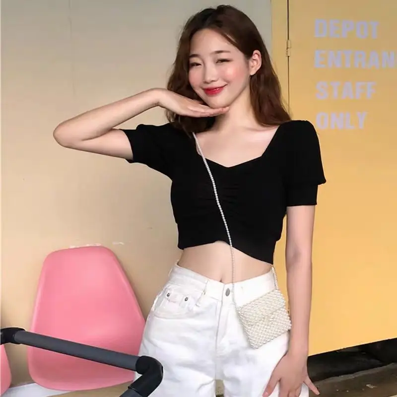 

Blouses Women V-Neck Short Lantern Sleeve Cropped Slim Elegant Solid Ladies Tops All-match Korean Style Minimalist High Street