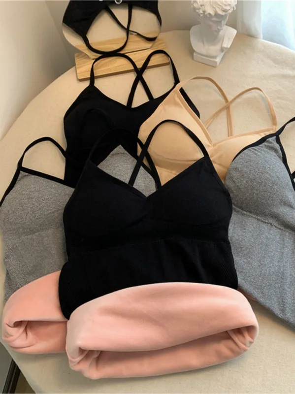 

Winter 2020 Plus Velvet Thicken Cotton Warm Slim Vest Female V-neck Cross Sling Backless Camis Thermal Underwear Tank Top