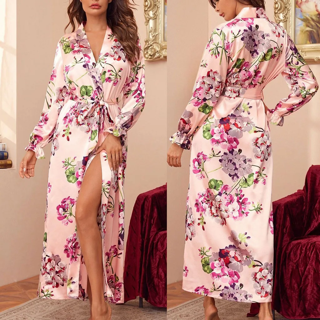 

Women\u2019s Summer Autumn Fashion Sleeping Dress Sexy V-neck Lace up Flower Printing Long-sleeved Sleepwear Cozy Robes 2021 New