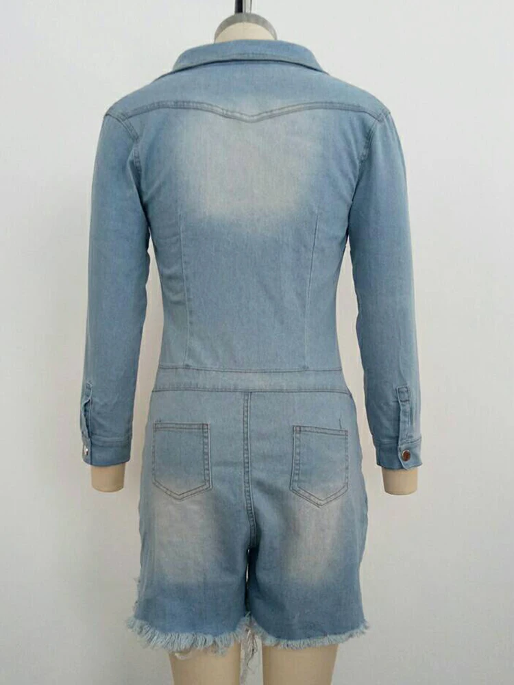 

Asymmetric High Low Shorts Denim Playsuit Turn Down Collar Buttons Up Long Sleeve With Pockets Tassel Jeans Overalls Women Blue