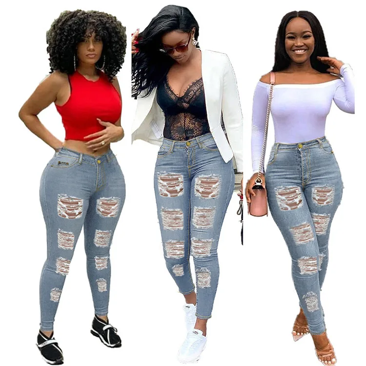 

Nightclub Solid Ripped Jeans Women Sexy Chic Design Lady High Waist Bodycon Hollow Out Pockets Denim Pencil Pants Autumn