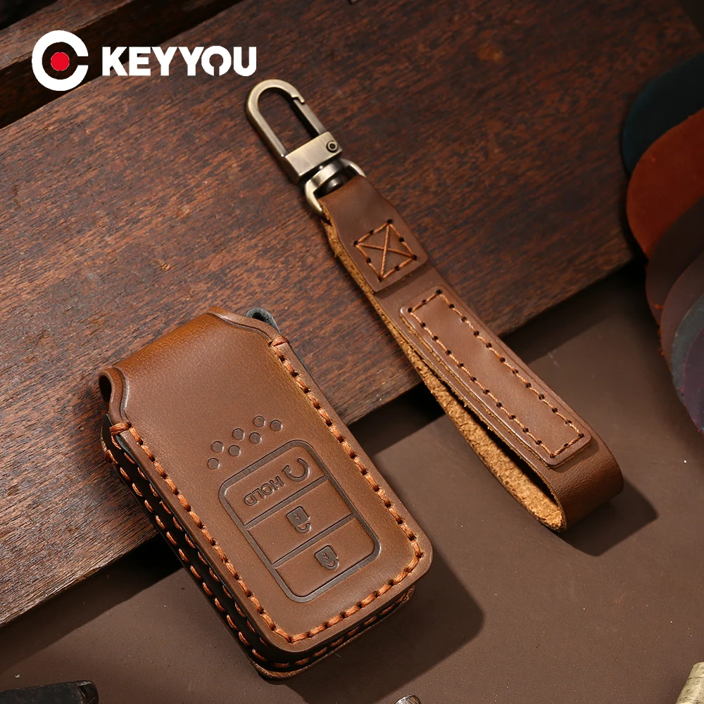 

KEYYOU 3 4 Buttons Genuine Leather Car Key Fob Case For Honda 2015 2016 2017 Civic Crv Crad V Accord Pilot Fit Protective Cover
