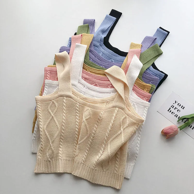 

Pearl Diary Women Knitted Cami Top Sleeveless Cute Crop Top Summer Solid Color Wide Strap Square Neck Diamond Pattern Knit Top
