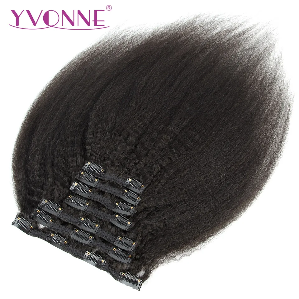 YVONNE Kinky Straight Clip In Human Hair Extensions Brazilian Virgin Hair Natural Color 7 Pieces/set 120g