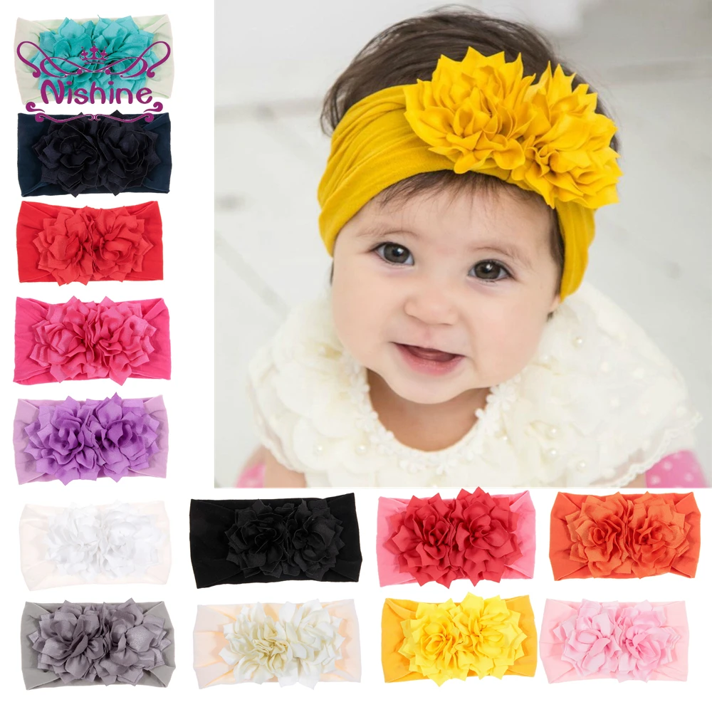 

Nishine Baby Girls Double Lotus Flowers Nylon Headband Knot Newborn Toddler Turban Headwraps Kids Hair Accessories Birthday Gift