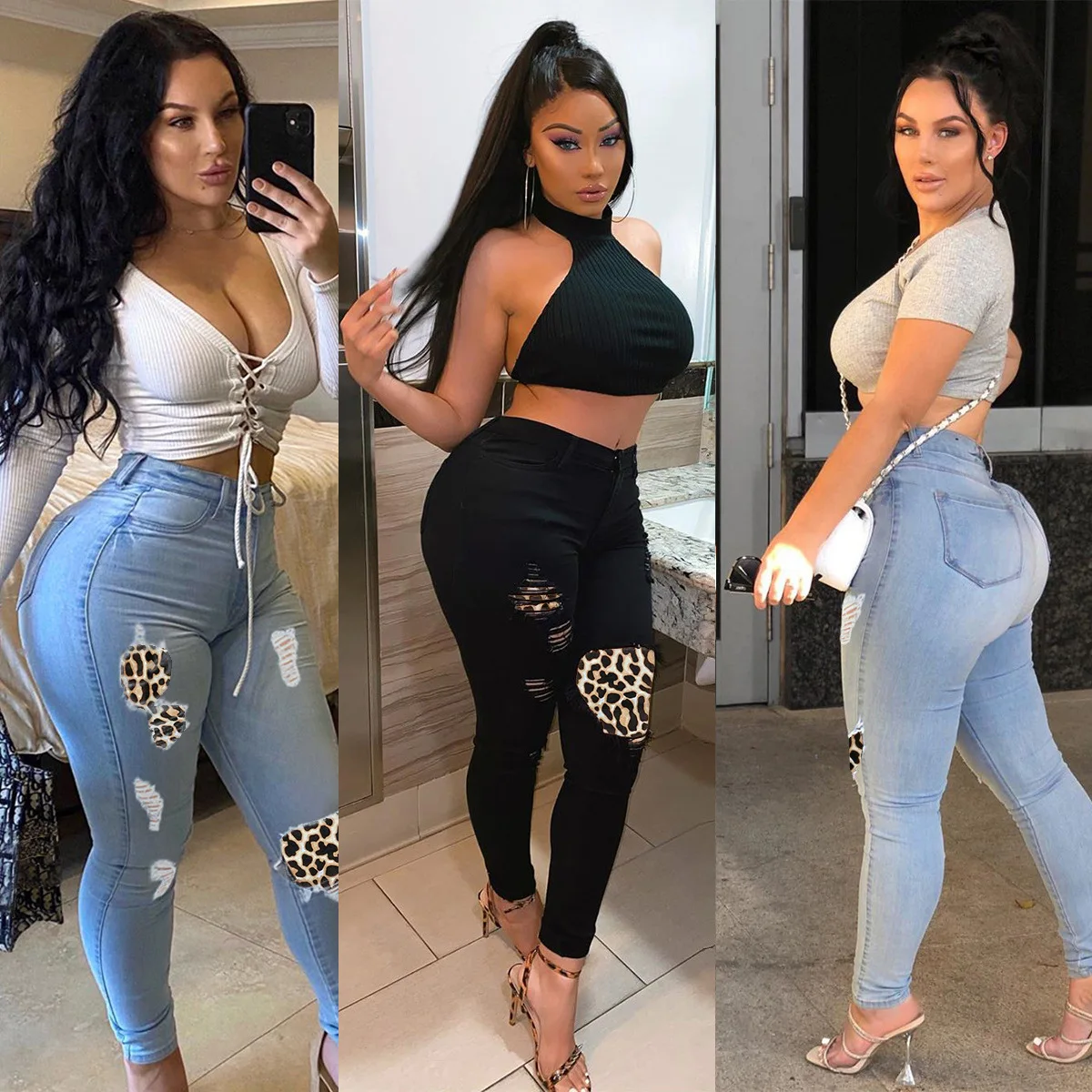 

PT8361 European and American autumn new style solid color casual slim slim jeans women