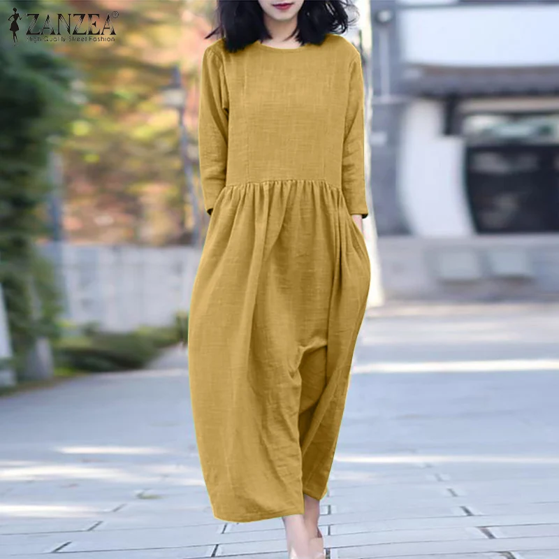 

ZANZEA Female Kaftan Faldas Largas Women Casual 3/4 Sleeve O Neck Midi Dress Vestidos Oversized Vintage Solid Street Sundress