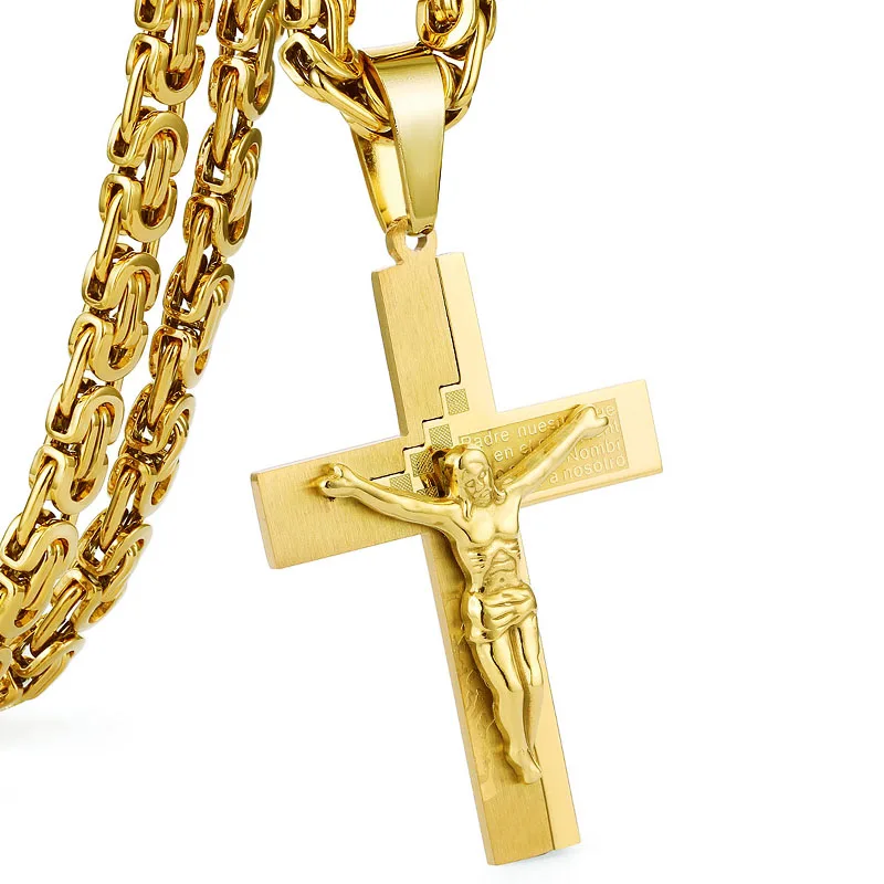 Библейский крест Иисуса Христа кулон ожерелье мужской золотой цвет нержавеющая