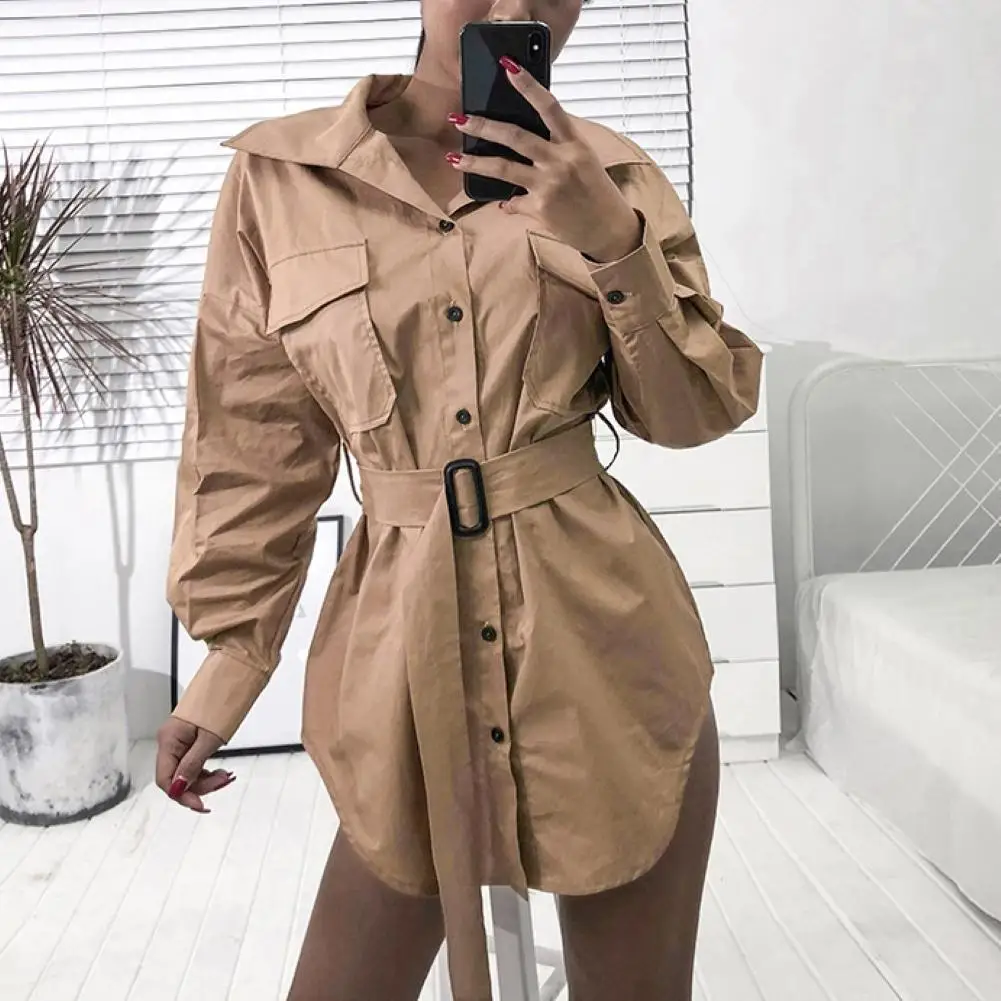 

Women Fashion Turn Down Collar Long Sleeve Pocket Waist Belt Mini Shirt Dress