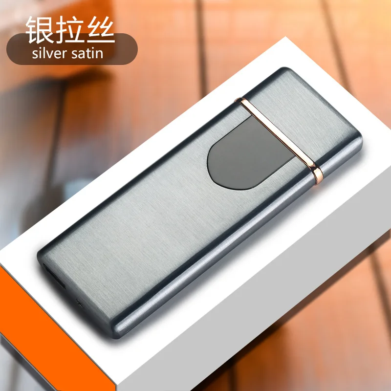 Silver Ультра-тонкий USB Перезаряжаемый сенсорный-senstive металлическая зажигалка прикуриватели ветрозащитный негорящий вольфрамовый турбо для курения зажигалка usb зажигалки - Цвет: Silver