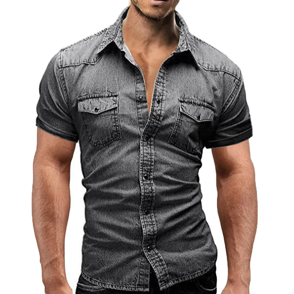 Camisas Masculina Men's Casual Slim Fit Button Shirt With Pocket Short Sleeve Tops Blouse Fashion Men Denim | Мужская одежда