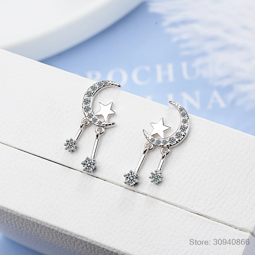 

hot new 925 sterling silver shiny star moon tassel micro inlay earrings simple temperament niche design high quality