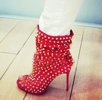 rivet decor peep toe ankle bootie woman runway bling bling newest short boots customized red black white studded female shoes