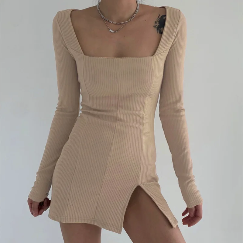 Elegant Square Neck Ribbed Female Dress Knitted Side Split Bodycon Women Long Sleeve Fashion Mini Dresses Basic Robe New | Женская