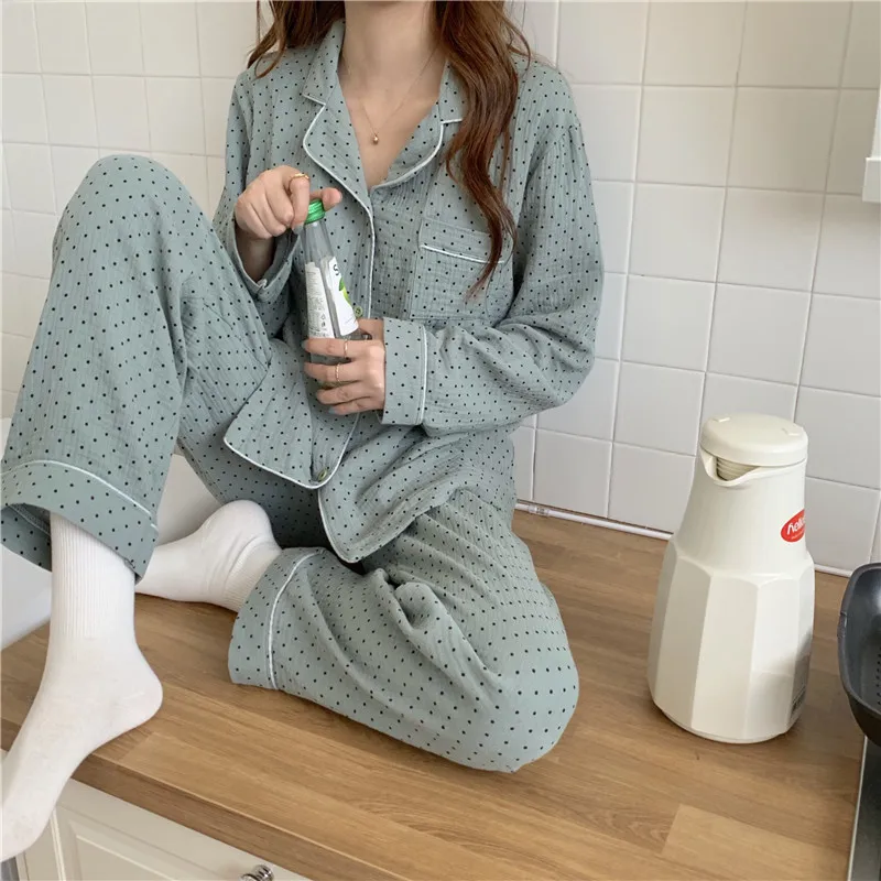 

ChunShang Polka Dot Gentle Two-Piece Suits Chic Women Soft Sweet Sleepwear Warm Cute Winter Loose Pajamas Fresh Home Clothes