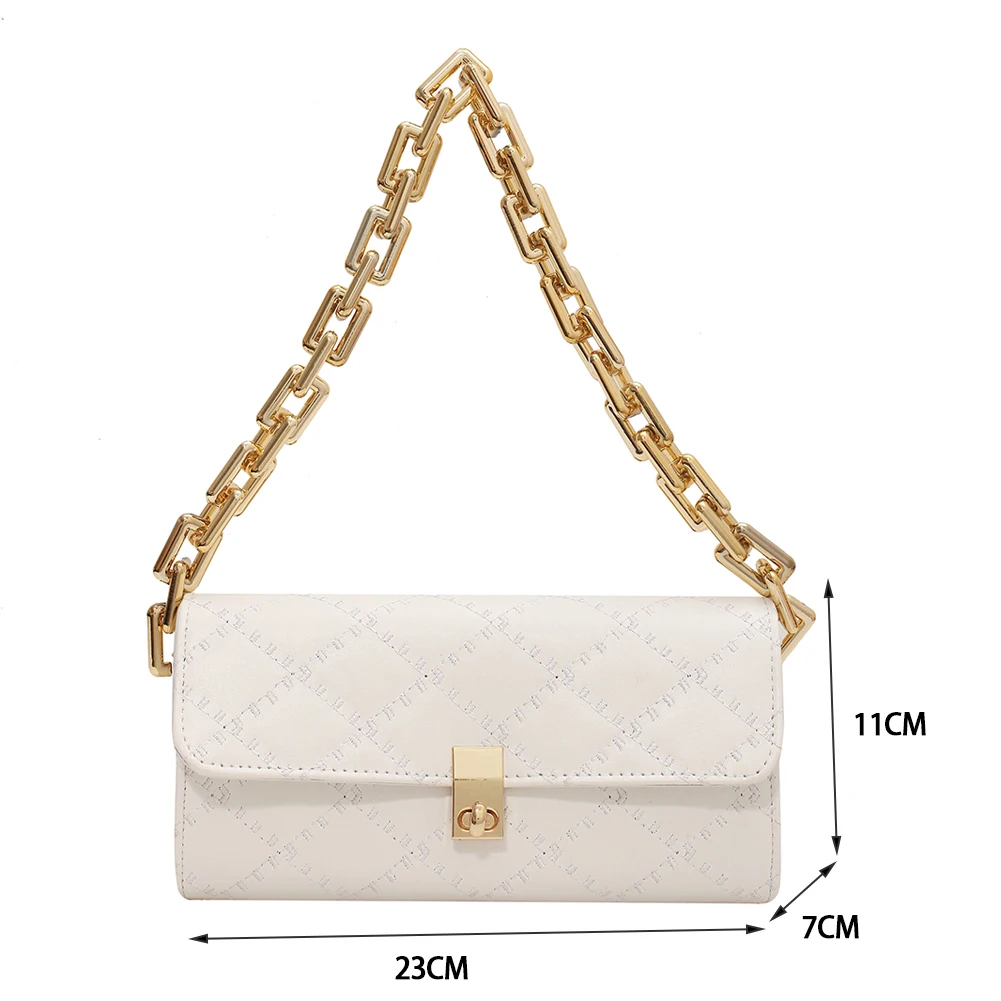 

Women PU Leather Shoulder Shopping Bag Fashion Thick Chain Underarm Bags Lattice Pattern Plain Lock Armpit Flap Bags