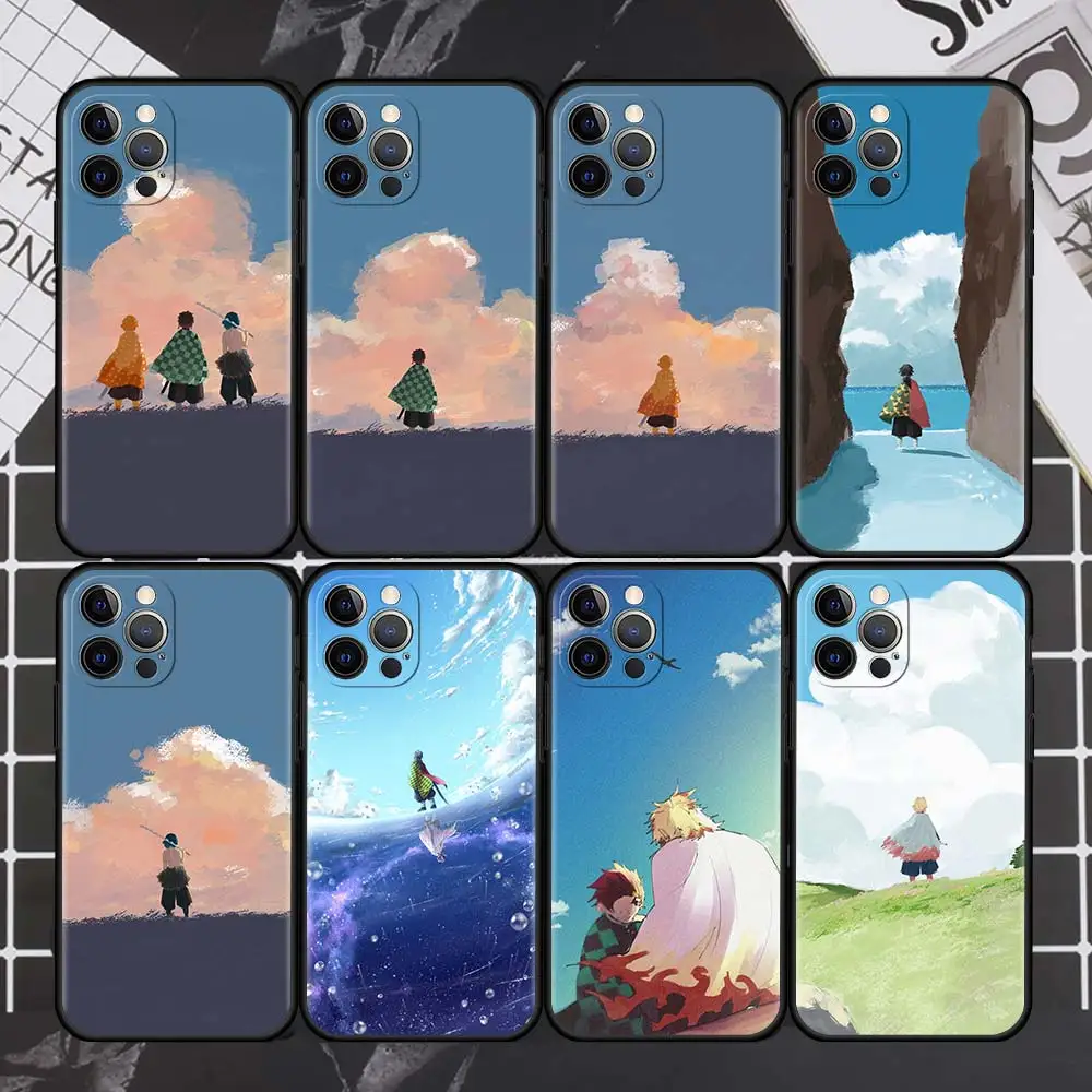 

Demon Slayer Cute Painting Phone Case For iPhone 13 11 12 Pro XR 7 8 + X XS Max 6 6S Plus 5 5S SE 2020 Coque Black TPU Shell